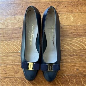 Salvatore Ferragamo Navy Flats with Gold Accent